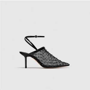 Zara Black Mesh Mid Heel Slingback Heels With Beading